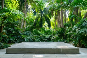 Lush Tropical Greenery Surrounds Pristine Concrete Podium for Captivating Cosmetic Product Showcase