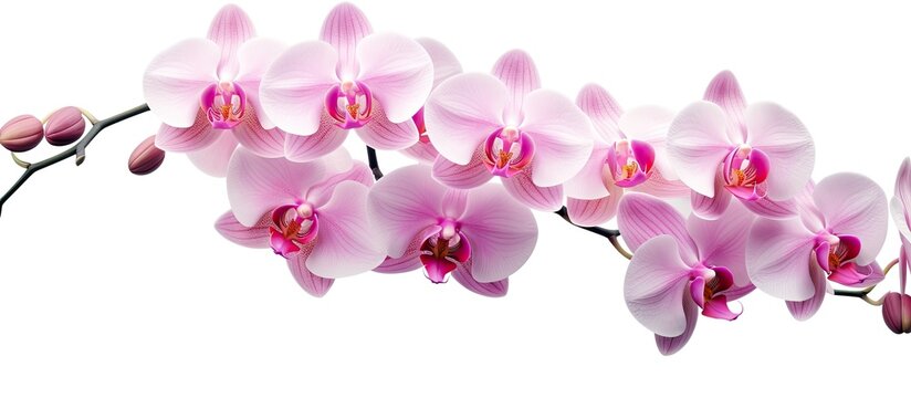A cluster of pink orchids with magenta petals blooming on a delicate twig against a white background, creating a beautiful display of vibrant colors