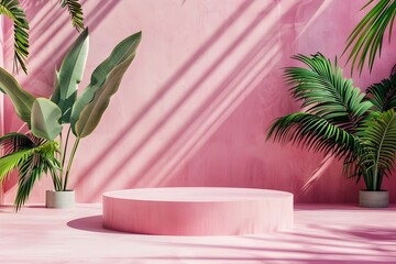 Minimalist Concrete Stage Podium with Tropical Foliage for Cosmetic Product Presentation - obrazy, fototapety, plakaty