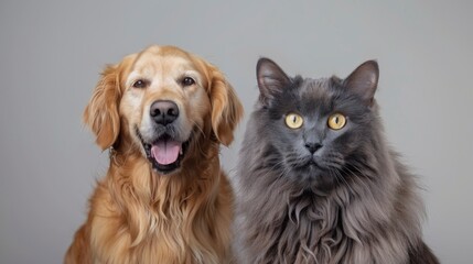 portrait of a cute dog and cat sitting on gray background