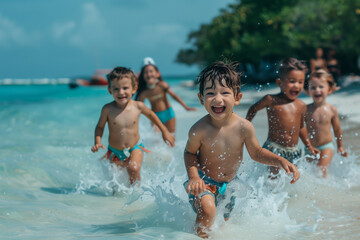 Diverse boys and girls friends running and playing in sea water on tropical beach together on summer vacation. Happy children kid enjoy and fun outdoor lifestyle on beach holiday (2)
