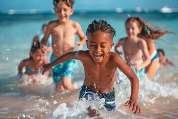 Diverse boys and girls friends running and playing in sea water on tropical beach together on summer vacation. Happy children kid enjoy and fun outdoor lifestyle on beach holiday (5)