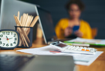 Business executive home office Desk Background concept. Business computer empty home office table...