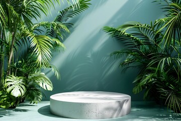 Minimalist Tropical Podium Stage for Cosmetic Product Showcase with Lush Greenery Backdrop