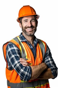 Portrait of smiling male worker wearing orange vest and orange helmet isolated on white background.