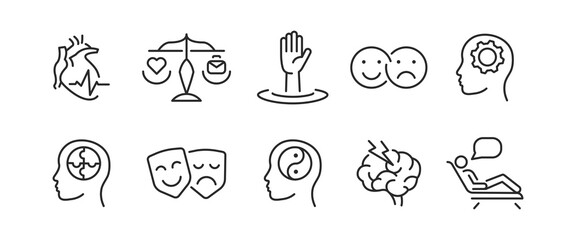 10 black outline icons represent the human mind and psychology topic. Emotions, thinking, heart, emoticons, theatre masks, a yin-yang symbol on a white background. Vector illustration 