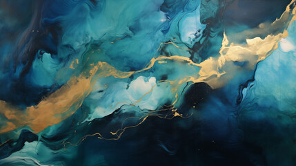 Fototapeta na wymiar Blue and Gold Marble Abstract Fluid Art