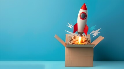 Rocket Soaring from Cardboard Box: Business Innovation and Creativity in Full Flight - obrazy, fototapety, plakaty