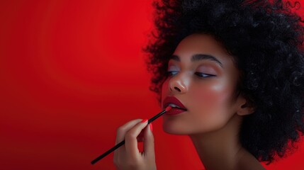 portrait of a woman, woman, beauty, make up, lips, lady putting a makeup on red background, beautiful contrast, high details, minimalist