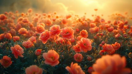 A flower meadow in the light of the setting sun