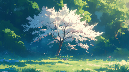 Fototapeta na wymiar single white cherry tree surrounded by green trees illustration