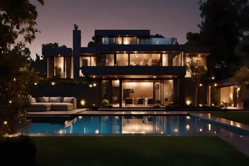 pool at night with modern house