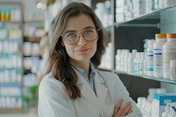 Pharmacist woman in a white lab coat stands in front of a pharmacy shelf