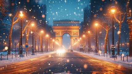 Glowing Street Lamps in Snowy Paris, generative ai