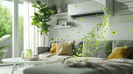 green bacteria falling out of the air conditioner in a living room, highlighting the importance of cleanliness and maintenance.