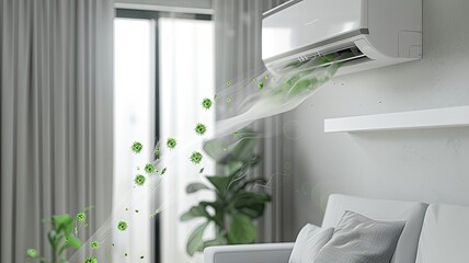 green bacteria falling out of the air conditioner in a living room, highlighting the importance of cleanliness and maintenance. - obrazy, fototapety, plakaty