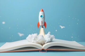 Learning as Space Flight: Rocket Taking Off from Open Book in Minimalistic Pastel - Powered by Adobe