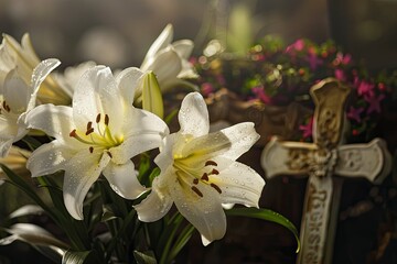 A white flower arrangement with a cross and a small potted plant