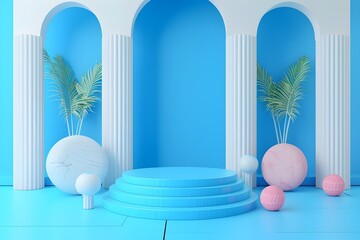 Youthful Energy Vibrant 3D Rendered Memphis Style Podium Scene with Blue Gradient Background and Geometric Shapes