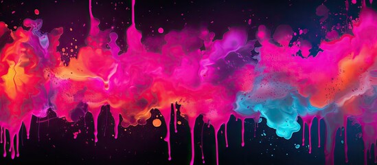 A vibrant painting of a city skyline in shades of purple, pink, and violet, with smoke clouds in...
