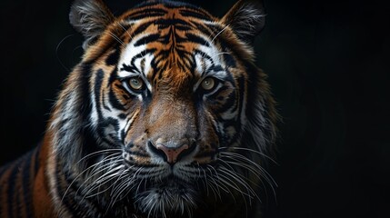 Fototapeta premium Close up Tiger on black background, space for text