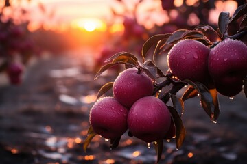 Bunch of fruit hanging from tree, sun setting in background