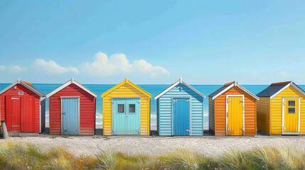 Fototapeta na wymiar Colorful small wooden huts in different colors on the beach in summer
