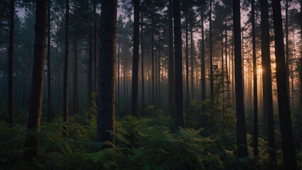 As night falls, the forest is bathed in the soft glow of twilight, with the last rays of sunlight filtering through the dense canopy of trees.