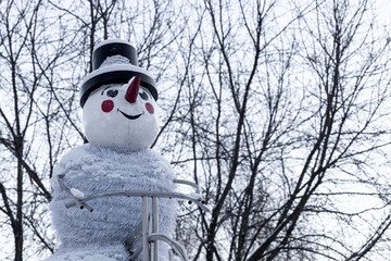 figure of a snowman with a top hat on his head in a winter park.