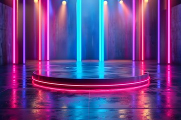 Vibrant Neon-Lit Stage Awaiting Product Showcase in 3D Rendering