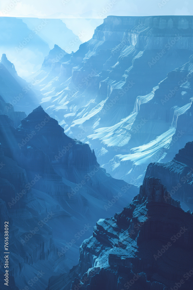 Poster misty canyon. surreal colorful landscape inspired by grand canyon. abstract colorful background imag