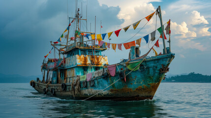 an old shipwreck with colorful flags