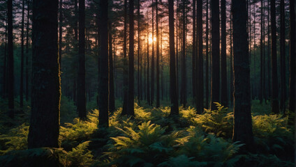 As night falls, the forest is bathed in the soft glow of twilight, with the last rays of sunlight filtering through the dense canopy of trees. - obrazy, fototapety, plakaty