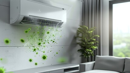 green bacteria falling out of the air conditioner in a living room, highlighting the importance of cleanliness and maintenance.