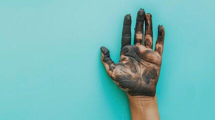 Dirty hand on pastel blue background - obrazy, fototapety, plakaty