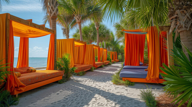 lunges on the beach with orange and yellow colored curtains made of silk