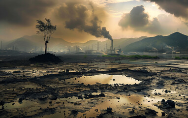 toxic wasteland near factory - obrazy, fototapety, plakaty