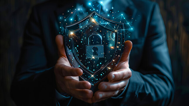 Businessman with virtual cyber security technology and online data protection for security of data storage