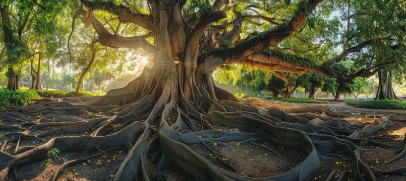 panoramic photo of an old large tree with wide roots, lush green leaves and a thick trunk Generative AI