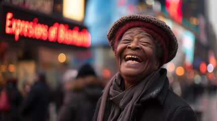 Obraz premium an old happy woman on the street