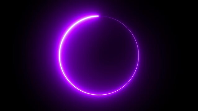 Glowing neon light circle animation on the black background. neon progress circle spinning around on a modern technology demonstration black background. looping animation.
