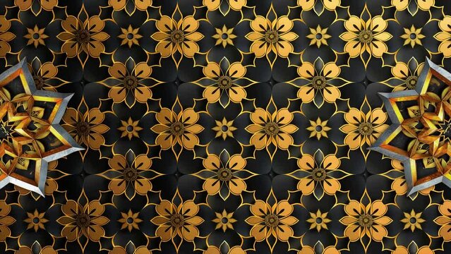 Rotating ornamental arabesque with arabic patterns. Moving Luxury gold and black abstract geometric objects. Ramadan, Eid ul Adha graphic animation loopable background design
