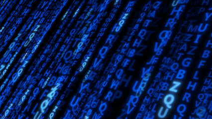 Fototapeta premium Abstract blue letters on a black background. Information Security. 3d render illustration.