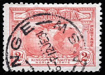 Ukraine, Kiyiv - February 3, 2024.Postage stamps from Australia.A Stamp printed in Australia honoring Sir Charles Edward Kingsford-Smith world flight, series, circa 1931