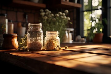Three Jars on Wooden Table