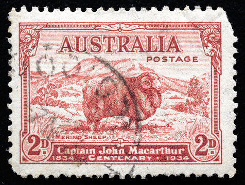 Ukraine, Kiyiv - February 3, 2024.Postage stamps from Australia.A Stamp printed in AUSTRALIA shows the Merino Sheep, devoted to Captain John Macarthur (1767-1834), circa 1934