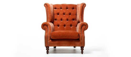 Fototapeta premium A comfortable orange leather chair with armrests sits on a white rectangular wood surface. This outdoor furniture product is made of hardwood, a natural material ideal for outdoor flooring