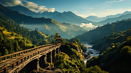 A beautiful bridge, as if bending along the contours of the mountains, creates amazing games of l