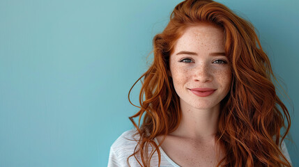 Happy attractive young woman with long wavy red hair and freckles wears stylish t shirt looks happy and smiling isolated on blue background