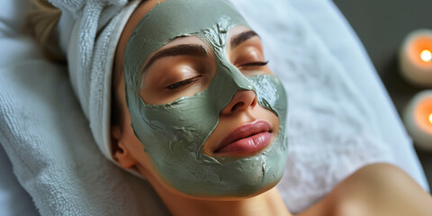 The close-up portrait reveals the beautiful girl lying down and enjoying the mask application in a tranquil spa salon atmosphere. Isolated on a white background to enhance the calming experience. - obrazy, fototapety, plakaty